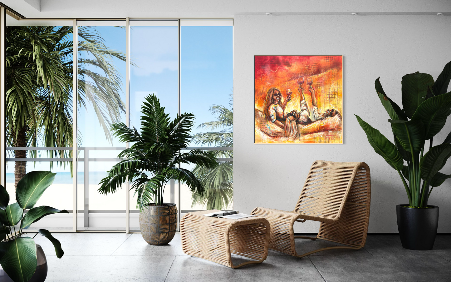 Modern interior with wicker chair, ottoman, and potted plants near a large window with a beach view.