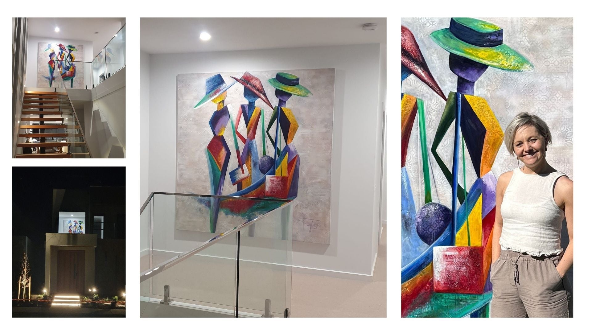 Collage of a colorful art installation with people wearing hats in an indoor setting.