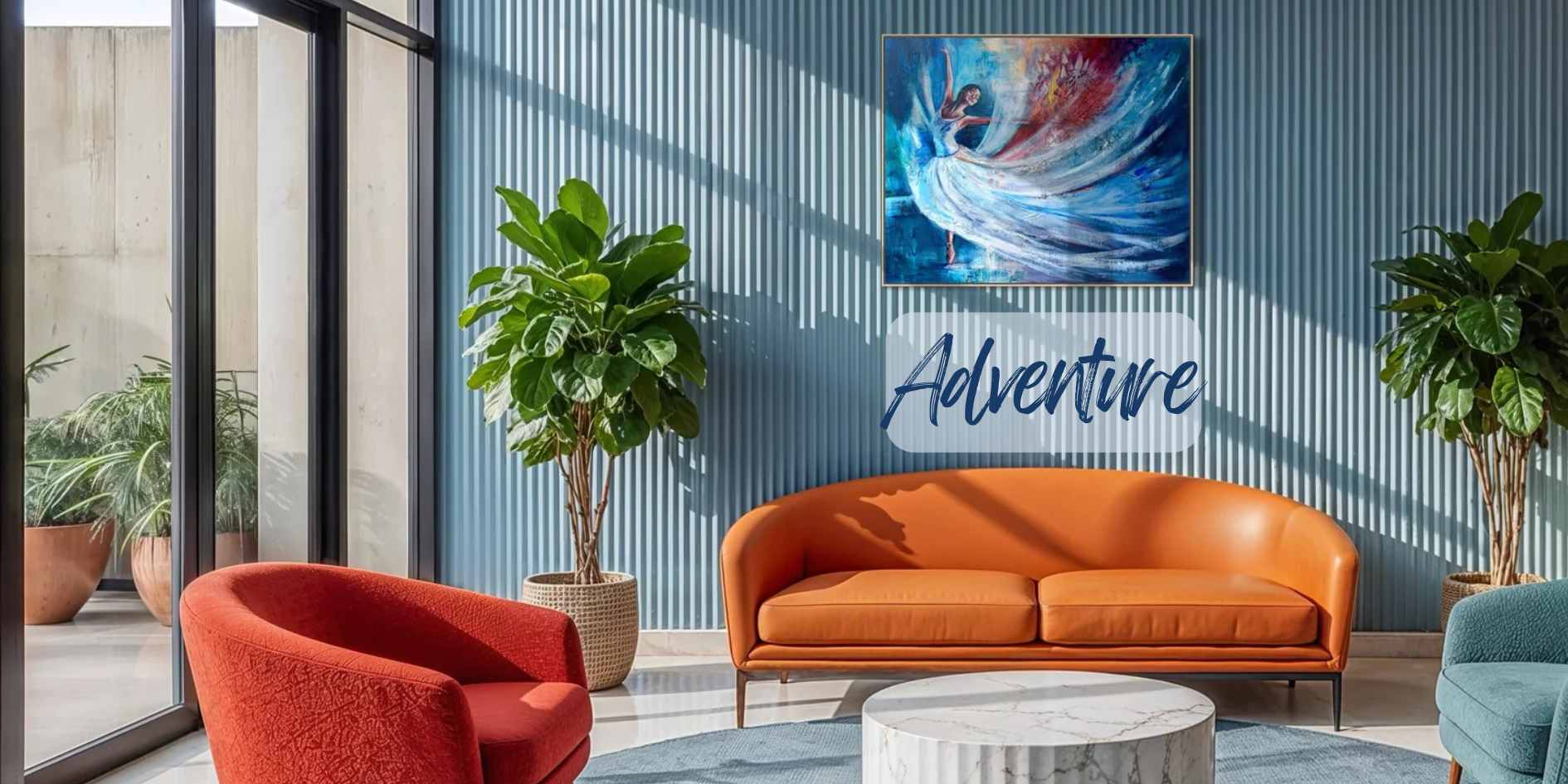 A modern living room scene with a blue slatted wall, orange leather sofa, red armchair, potted plants, and a colorful abstract wall art piece above the sofa. The words 'Adventure' are written on the wall.