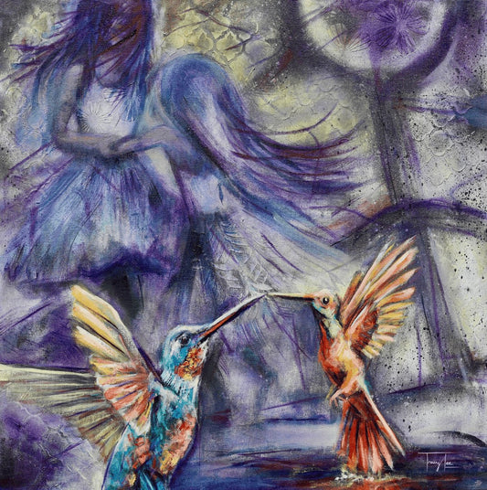 A piece of visual art titled 'Boundless Horizons' featuring two hummingbirds in flight with a figure in the background who appears to be a young girl. The colors are vibrant with a blend of purple, blue, and warm tones.