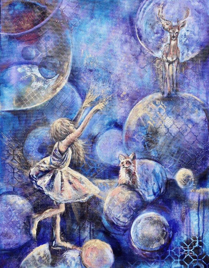 A piece of artwork featuring a whimsical scene with a young girl, a deer, and a fox among floating bubbles against a blue background.