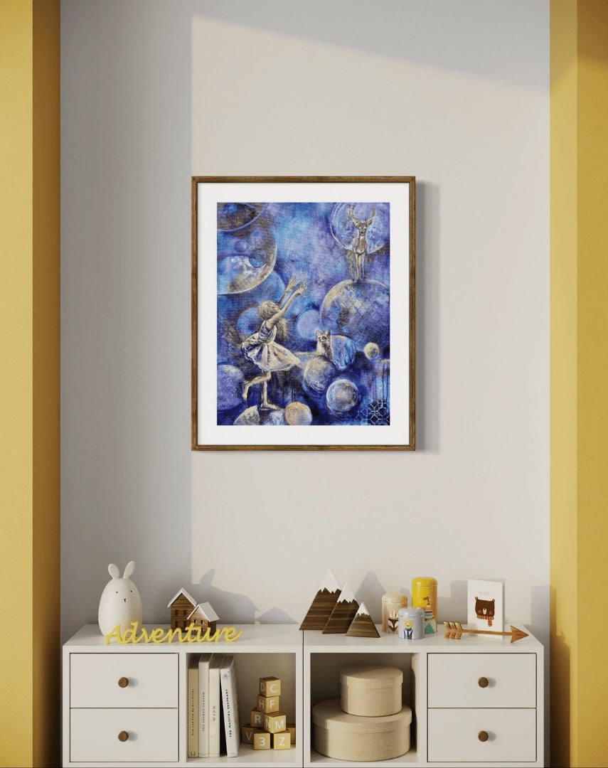 A piece of artwork featuring a whimsical scene with a young girl, a deer, and a fox among floating bubbles against a blue background is featured in a kids bedroom or playrooom with yellow walls.