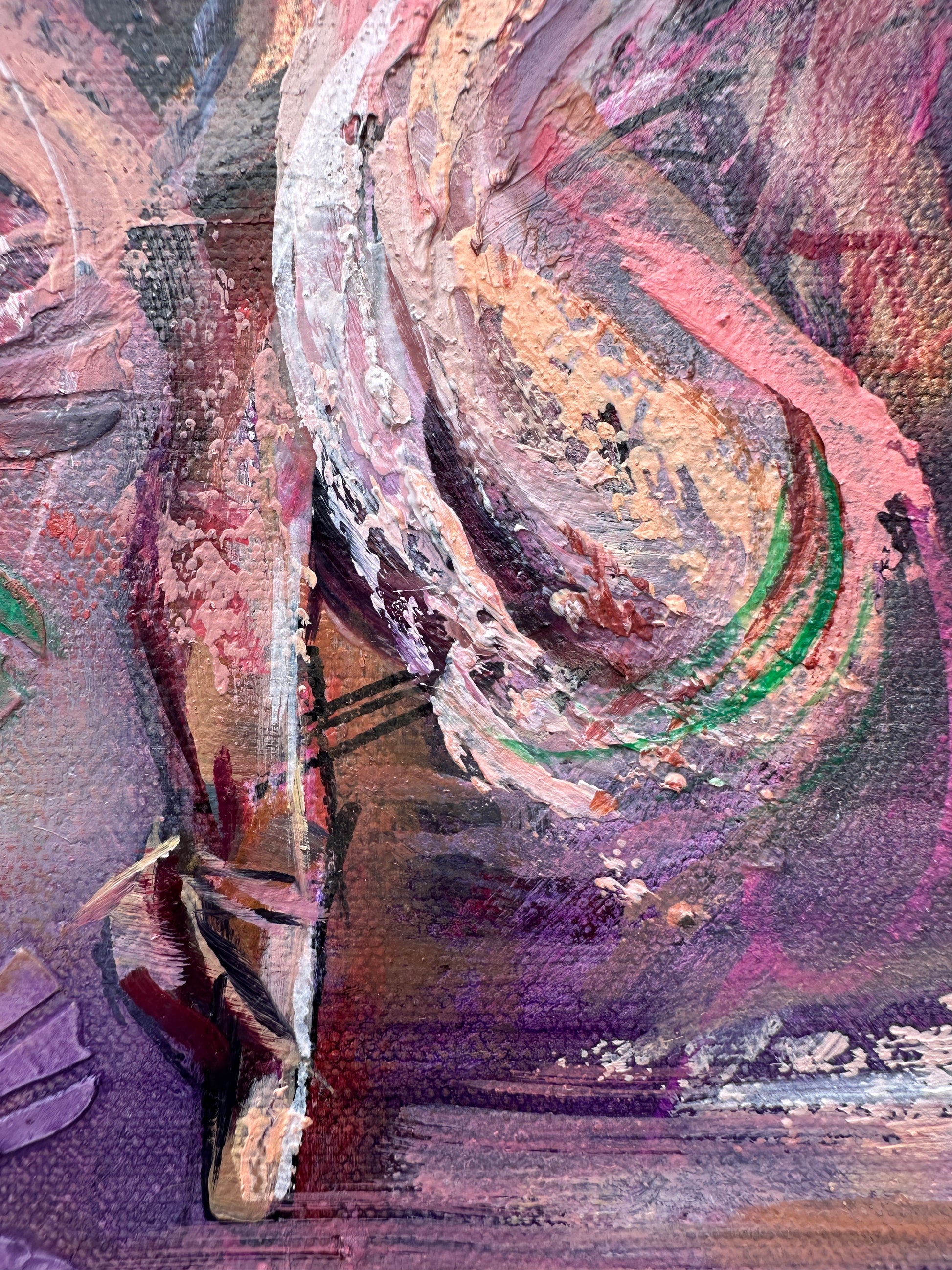 Close-up of Rise from Within showing the ballet slipper and dress with swirling colours and textures