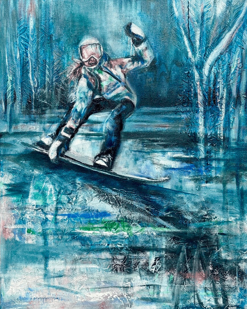 A painting depicting a snowboarder in mid-action pose against an abstract blue and white background, representing the thrill of snowboarding.