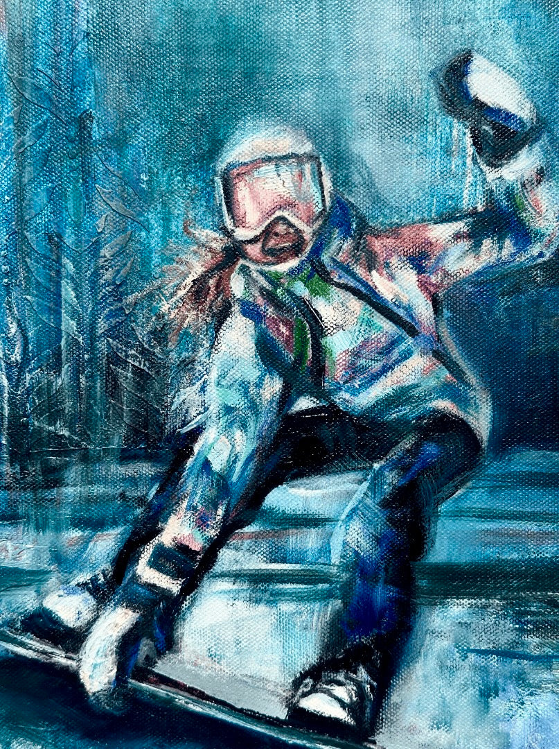 Close up of Elevated Freedom Painting of a snowboarder. Showing texture and thickness of paint.
