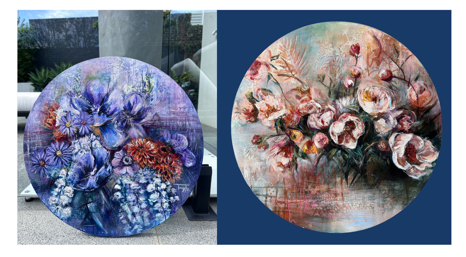 Two circular floral paintings shown side by side. The left painting depicts blue, purple, and white flowers with orange accents in an outdoor setting.