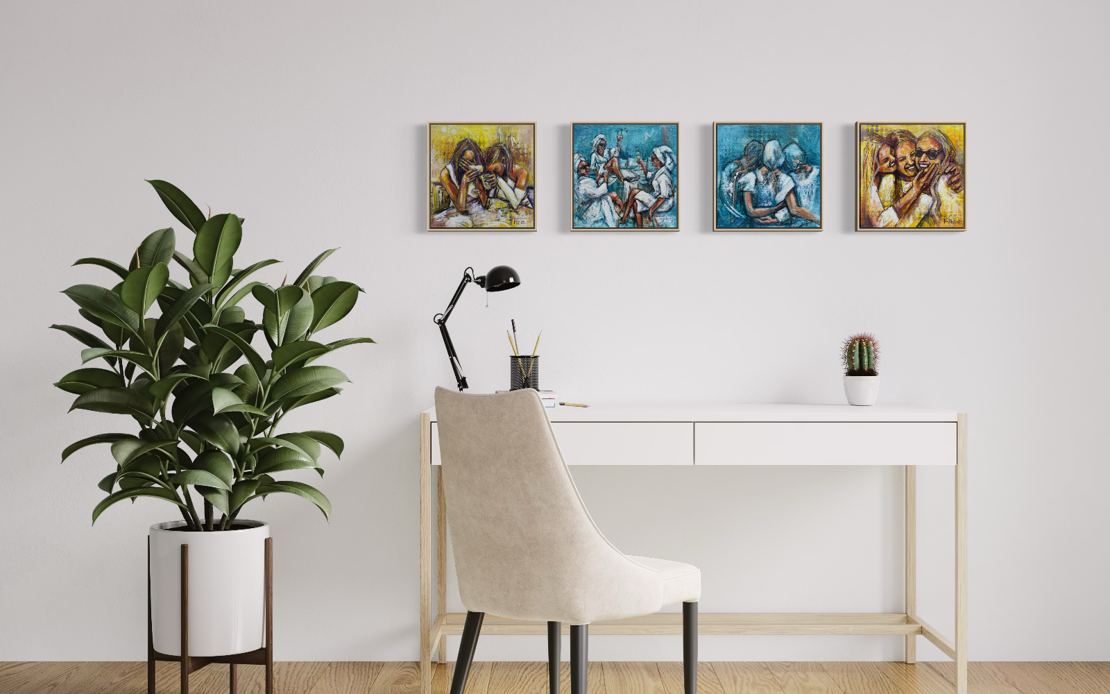 A styled interior scene with a white desk, beige upholstered chair, black desk lamp, potted green plant, and a small cactus, set against a white wall with four framed paintings hanging above the desk.