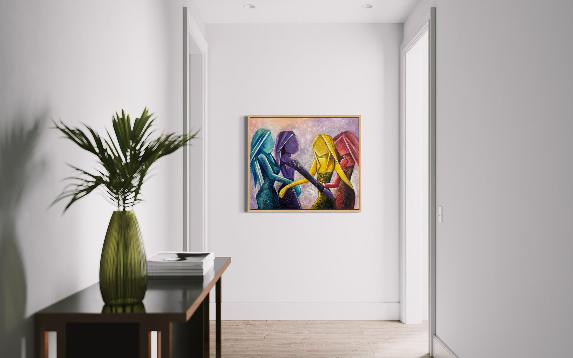 Modern interior with a colorful abstract painting on a white wall, a green vase with plants on a table.