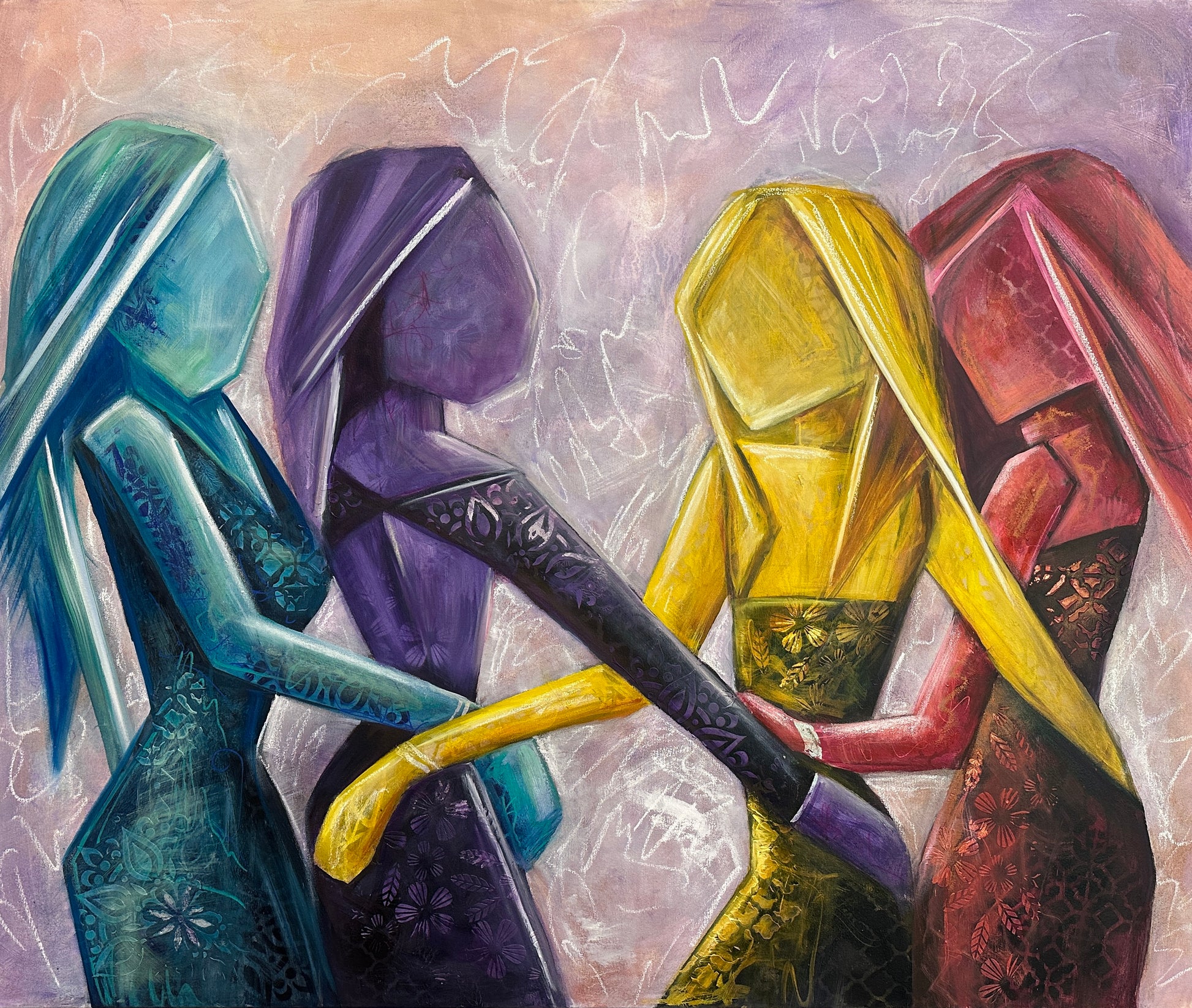 Abstract artwork of four colorful figures holding hands against a textured background