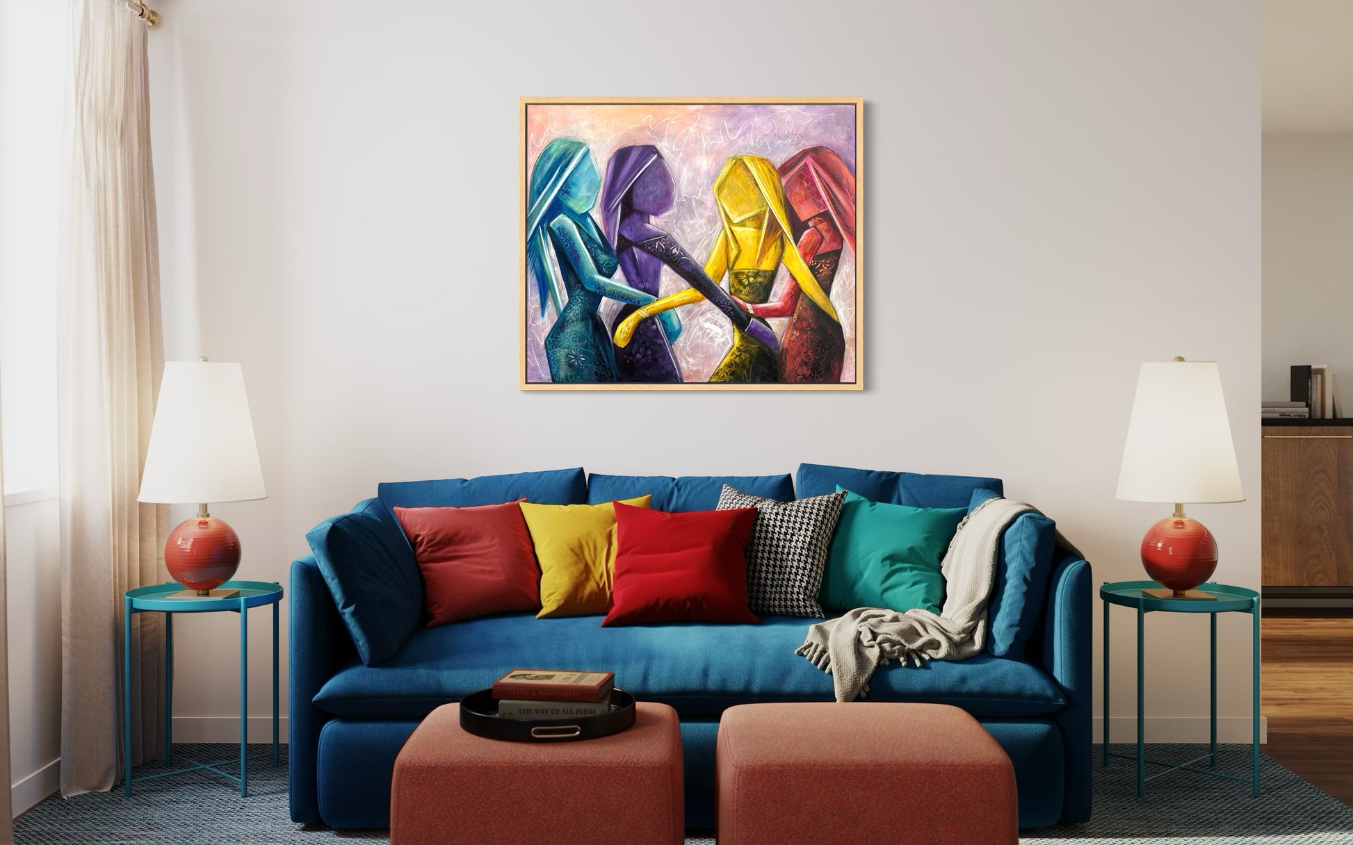 Living room with a blue sofa, colorful pillows, and a vibrant painting on the wall.