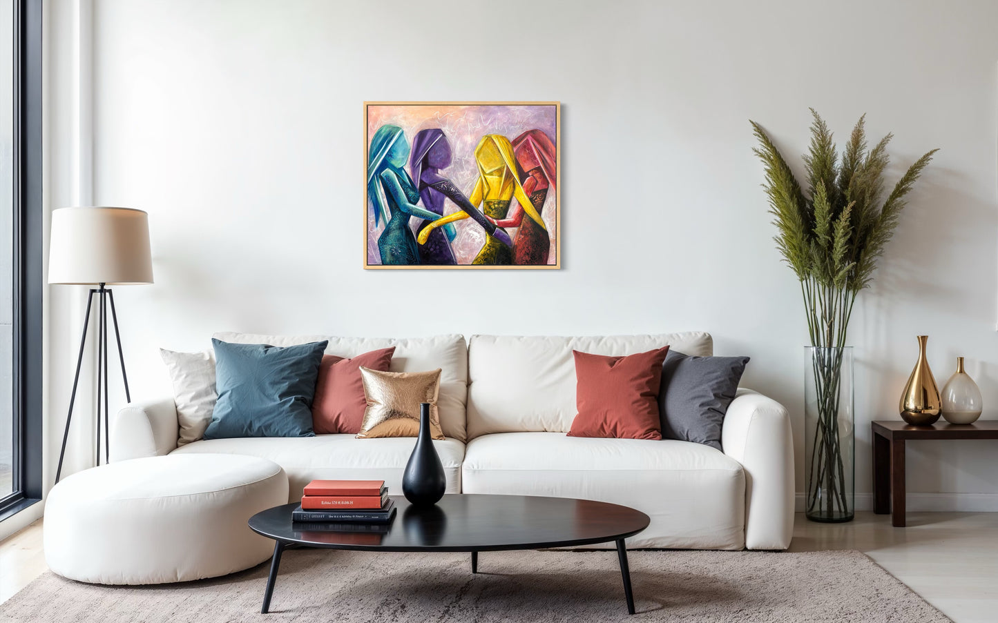 Modern living room with a white sofa, colorful painting, and decorative items.