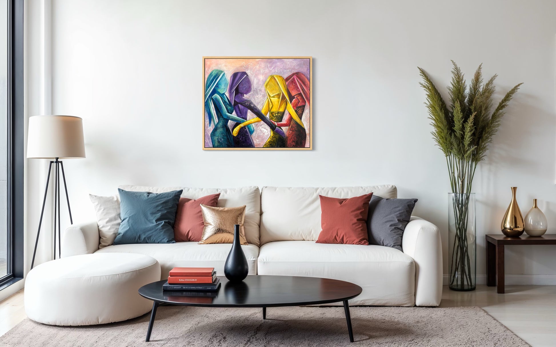 Modern living room with a white sofa, colorful painting, and decorative items.