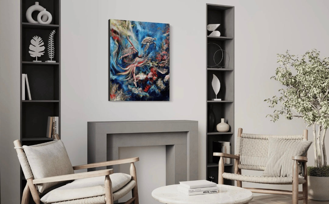 An abstract colourful painting of a dancer in an underwater scene stands out amongst white and wooden decor.