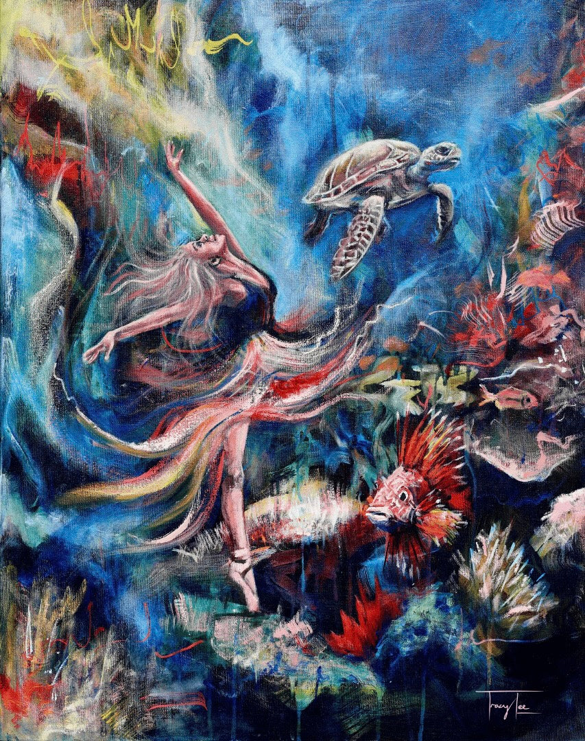 A painting titled 'Journey Through the Depths' featuring a fluid dancer figure amidst colorful underwater elements and a turtle.