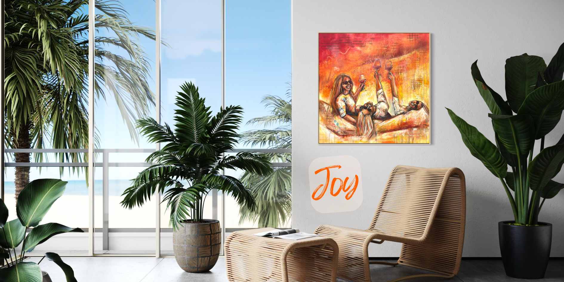 A square canvas art featuring an abstract painting of figures in a warm sunset, displayed on a white wall in a modern, sunlit room with a rattan chair, potted plants, and a large window overlooking a beach.