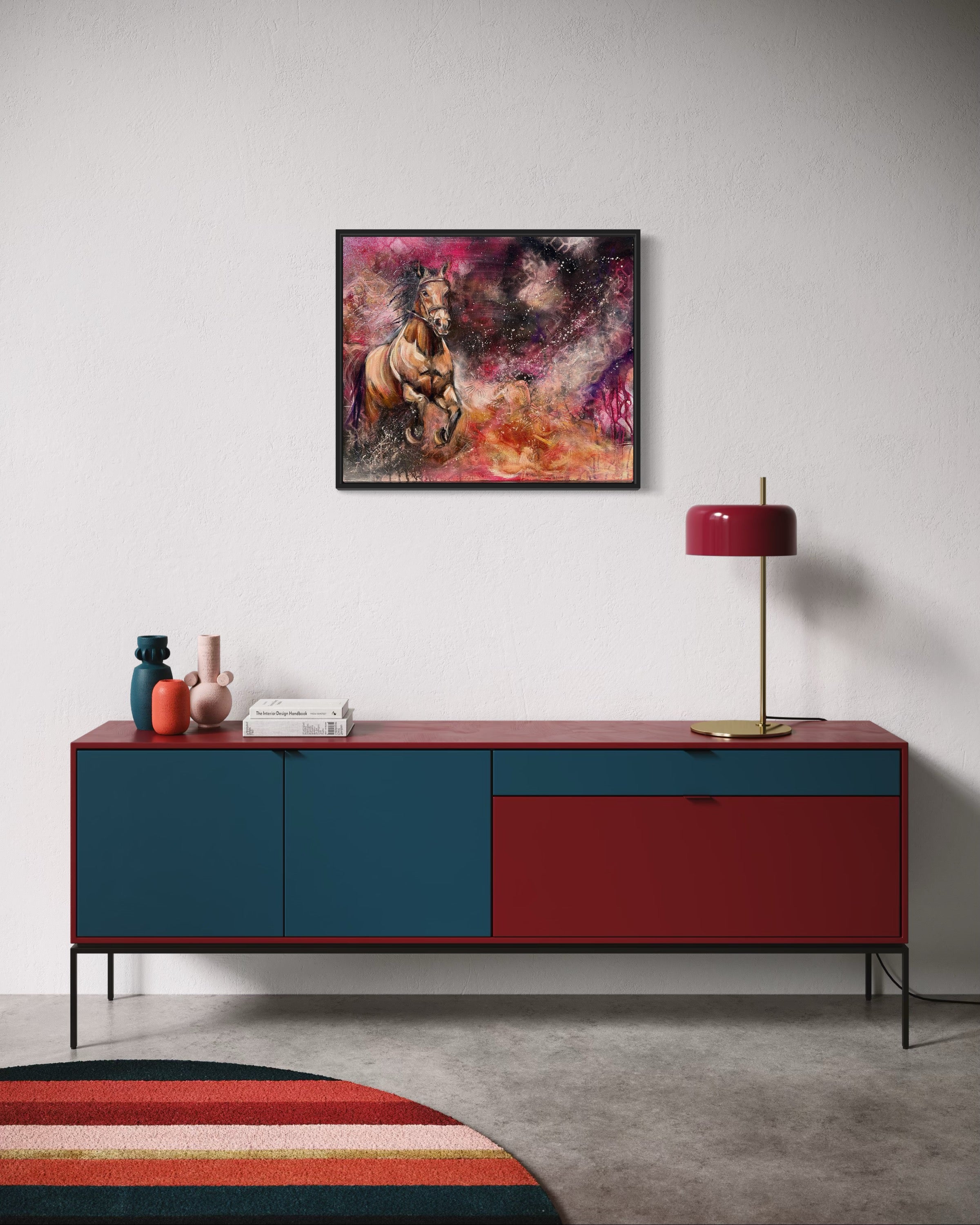 Modern interior with a colorful sideboard, abstract painting, and decorative items.