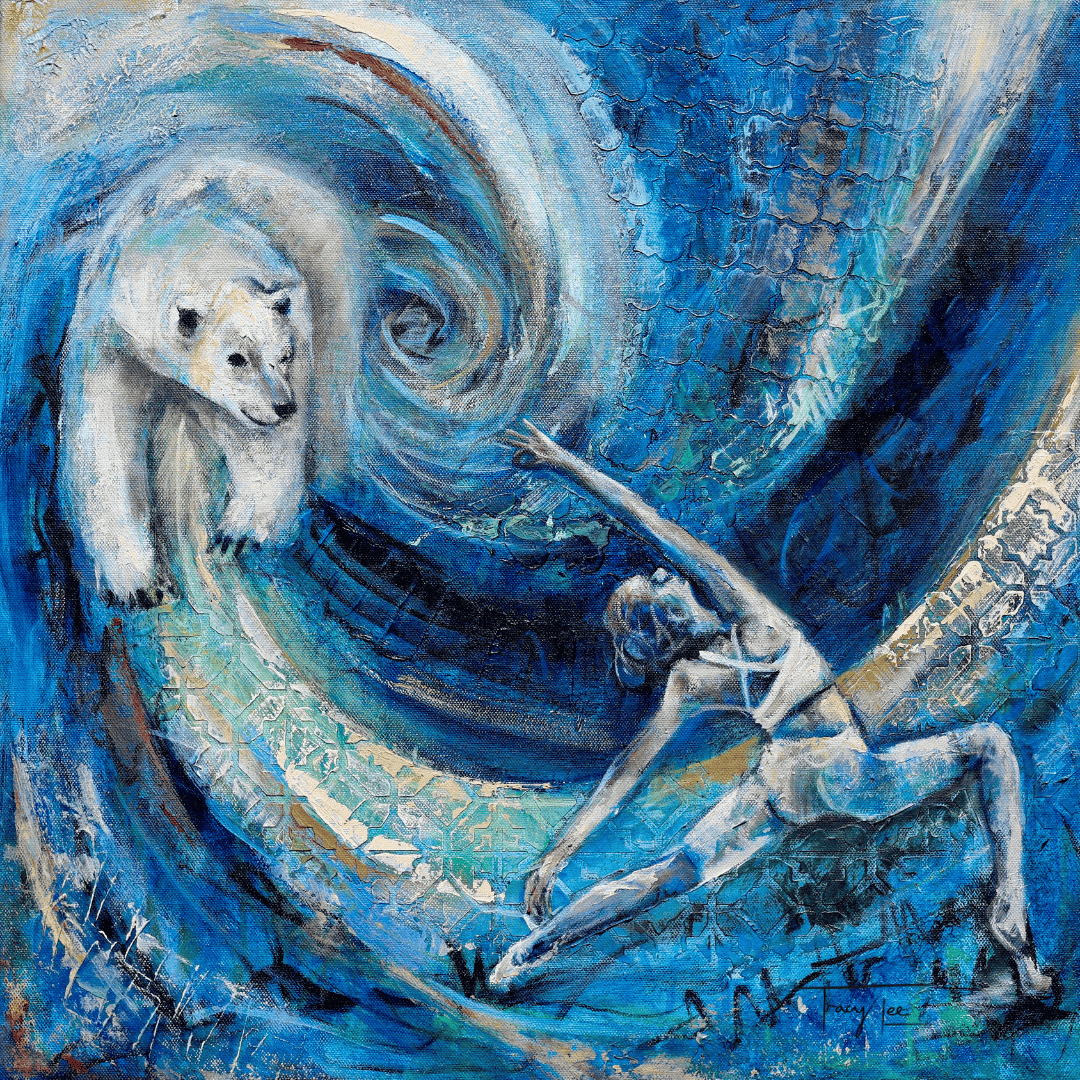 A painting featuring a stylized depiction of a woman and a polar bear against a blue background with swirling patterns. The woman appears to be in a warrior pose, and the polar bear is facing her.