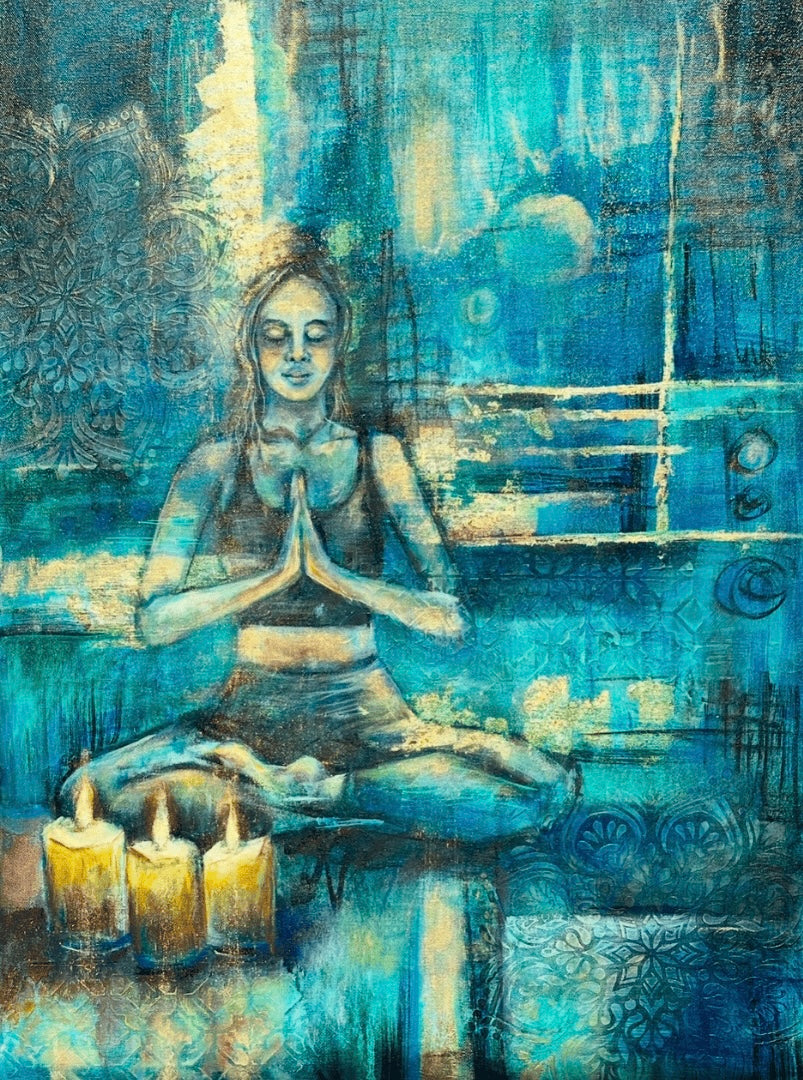 A piece of artwork featuring a serene figure in a meditative pose with a background of soft blue hues and gold pigments, depicting themes of tranquility and inner peace.
