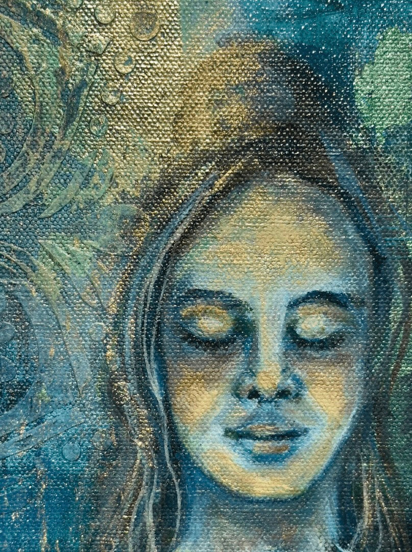 close up of radiance of stillness, showing texture and golden tones within the painting.