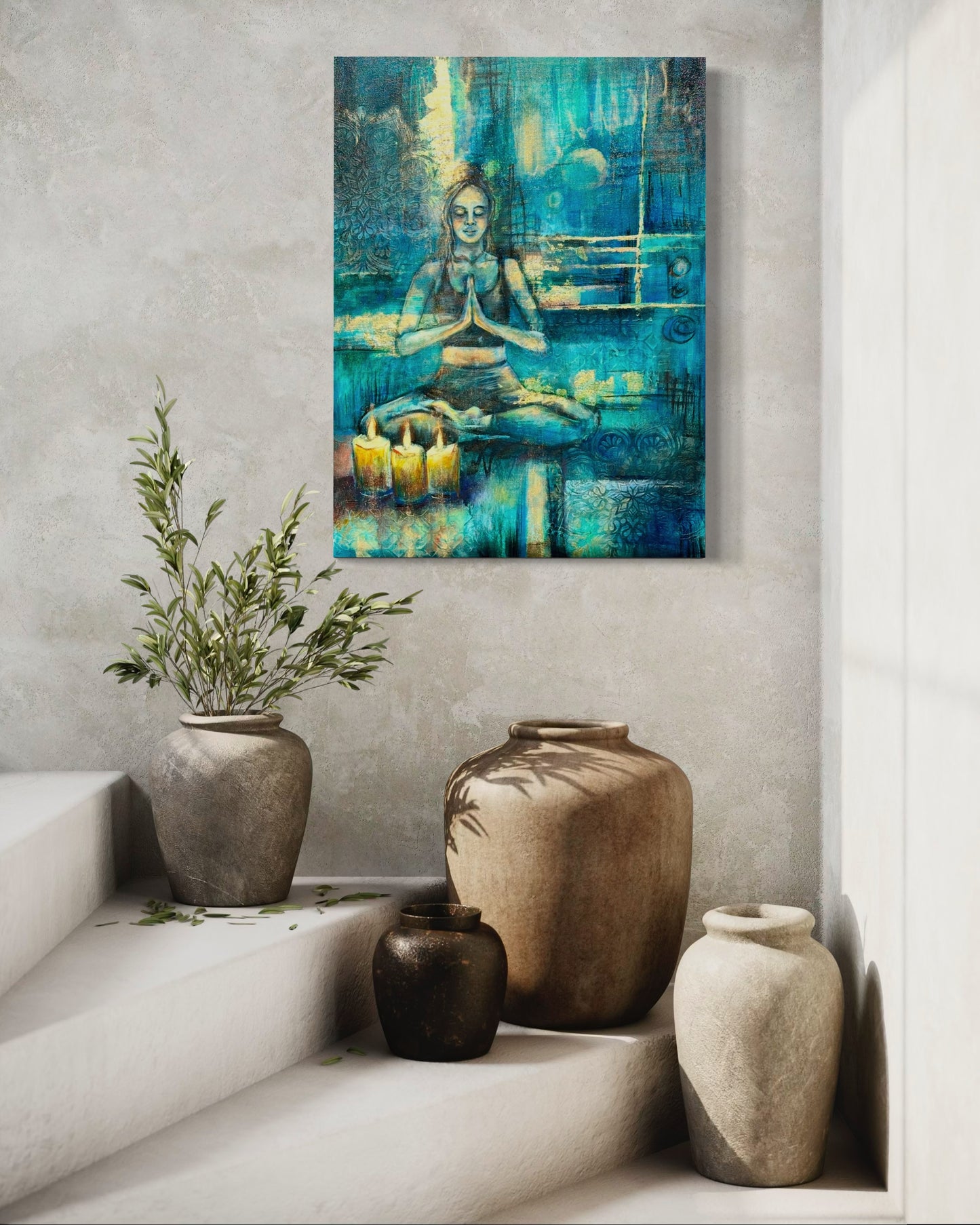 A painting titled 'Radiance of Stillness' featuring a serene depiction of a figure in meditation surrounded by soft blue hues and luminous rays, displayed on a gallery-wrapped canvas, positioned above a staircase with decorative vases.
