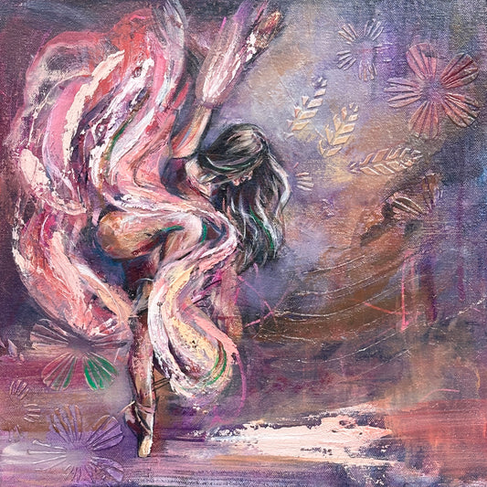 A painting of a woman ballet dancing with flowing dress and flowing hair, there are flowers in the background. There is a lot of purple and pink and burnt sienna/browns. 
