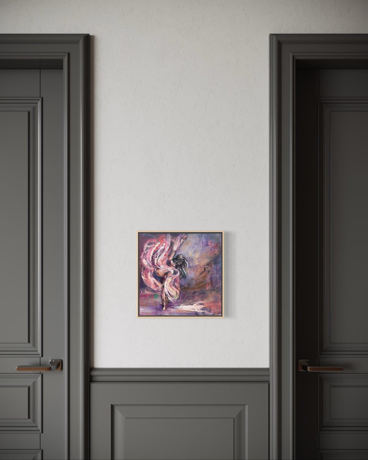 Abstract painting of a ballet dancer with her hand up and flowing hair and dress in purples and pinks on a wall between two dark doors