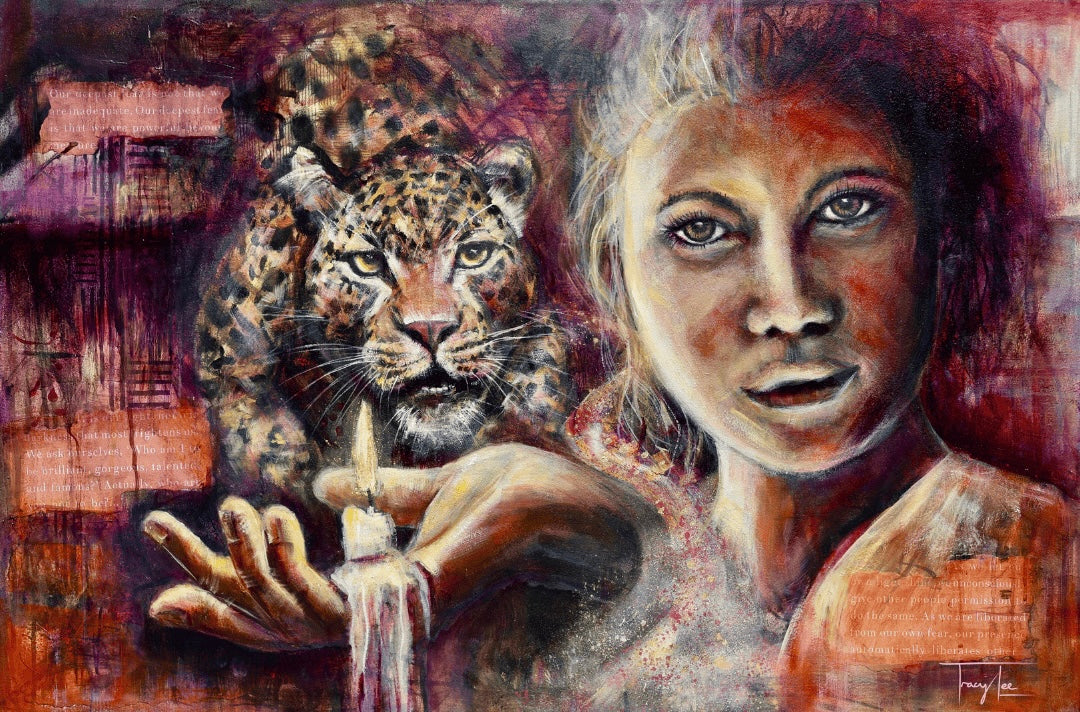 A piece of artwork featuring a mixed media depiction of a person and a leopard, with warm reddish-brown tones, on gallery wrapped canvas.