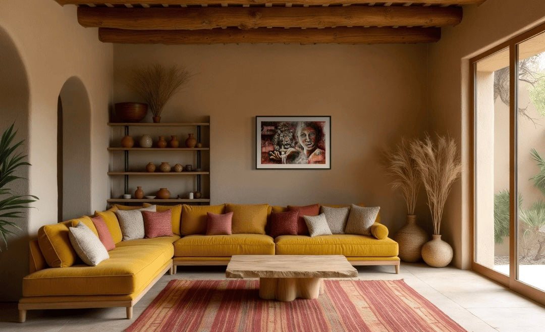 A beautiful mediteranian home with orange couch and wooden and natural elements with red rug highlights the painting titled "Shining Light" by Tracy Lee Warusevitane.