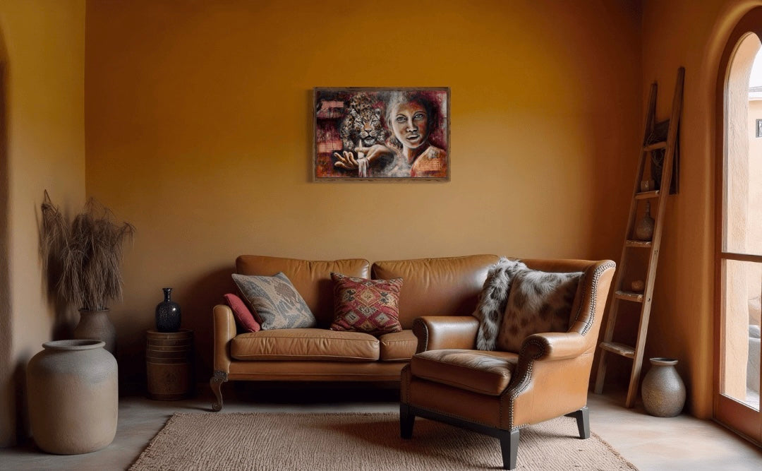 Shining Light Painting is featured within orange walls and tan leather couch.