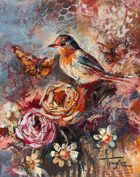 Colorful painting of a bird, flowers, and butterflies with abstract background