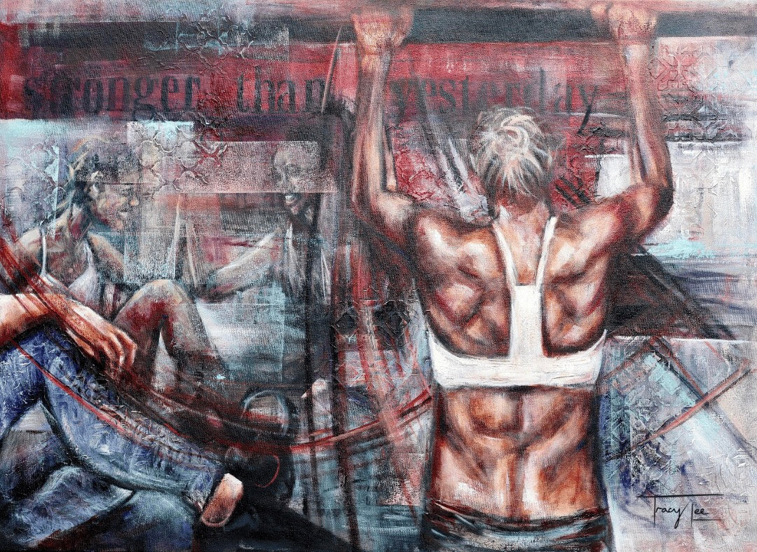 A piece of artwork featuring a mixed media painting on gallery wrapped canvas, depicting a group of individuals with a focus on a female lifting weights. The title 'Stronger Than Yesterday' is visible on the artwork.