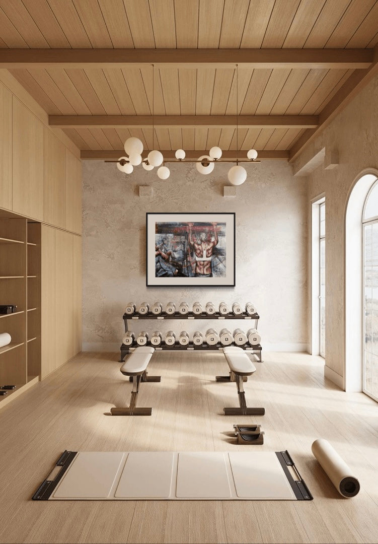 A modern gym with wooden walls and floor and high quality equipment show the painting "Stronger Than Yesterday" a painting about lifting each other up together.