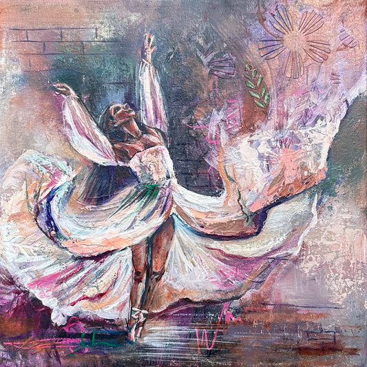 Painting of a ballet dancer looking up, arms raised and flowing dress flicking up and disappearing into the background with flower texture and abstract marks. The colours are pinks and purples and browns and is a very warm painting.
