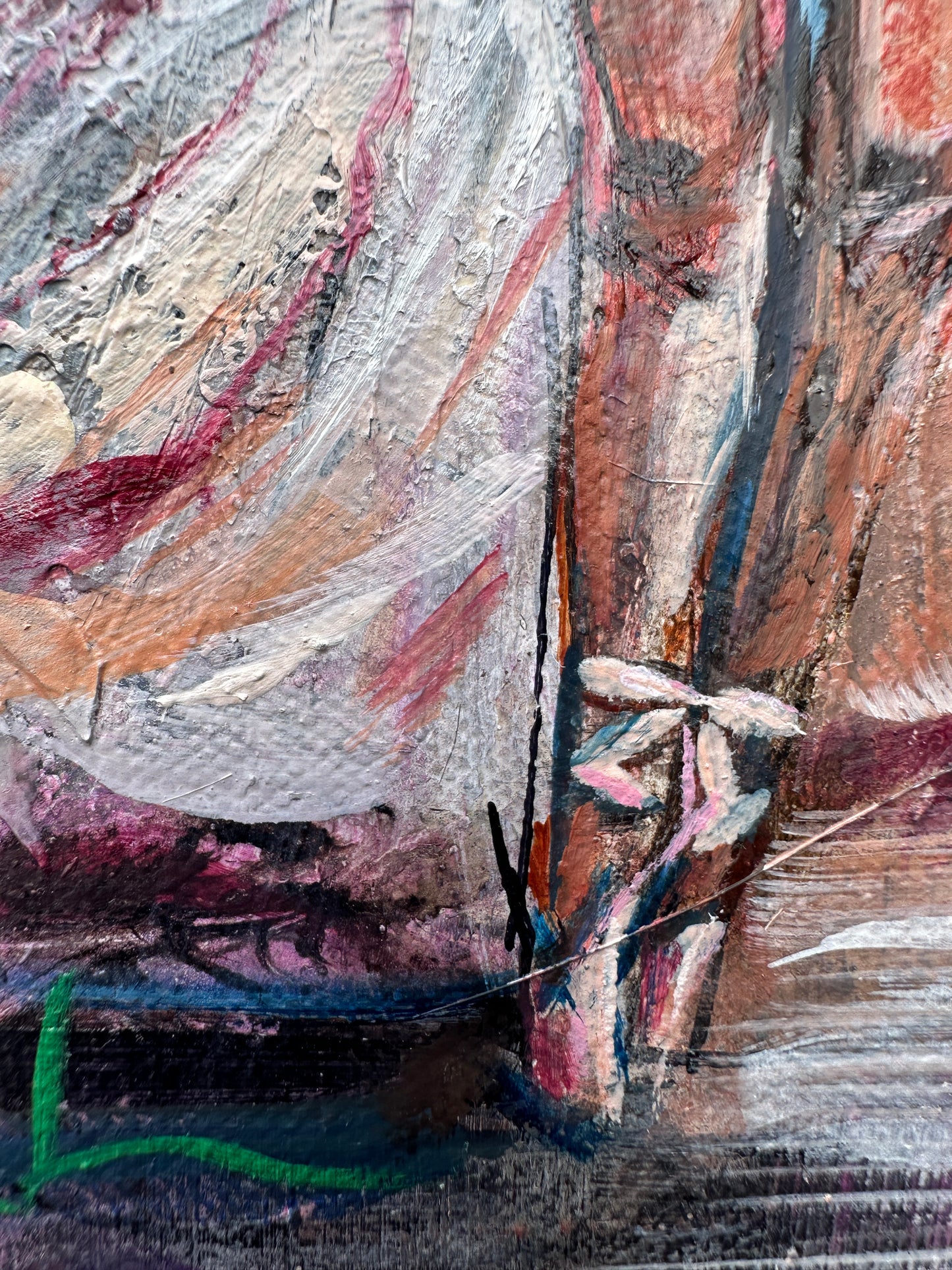 Close up of the ballet slippers and dress showing the texture of the painting of Surrender to Joy
