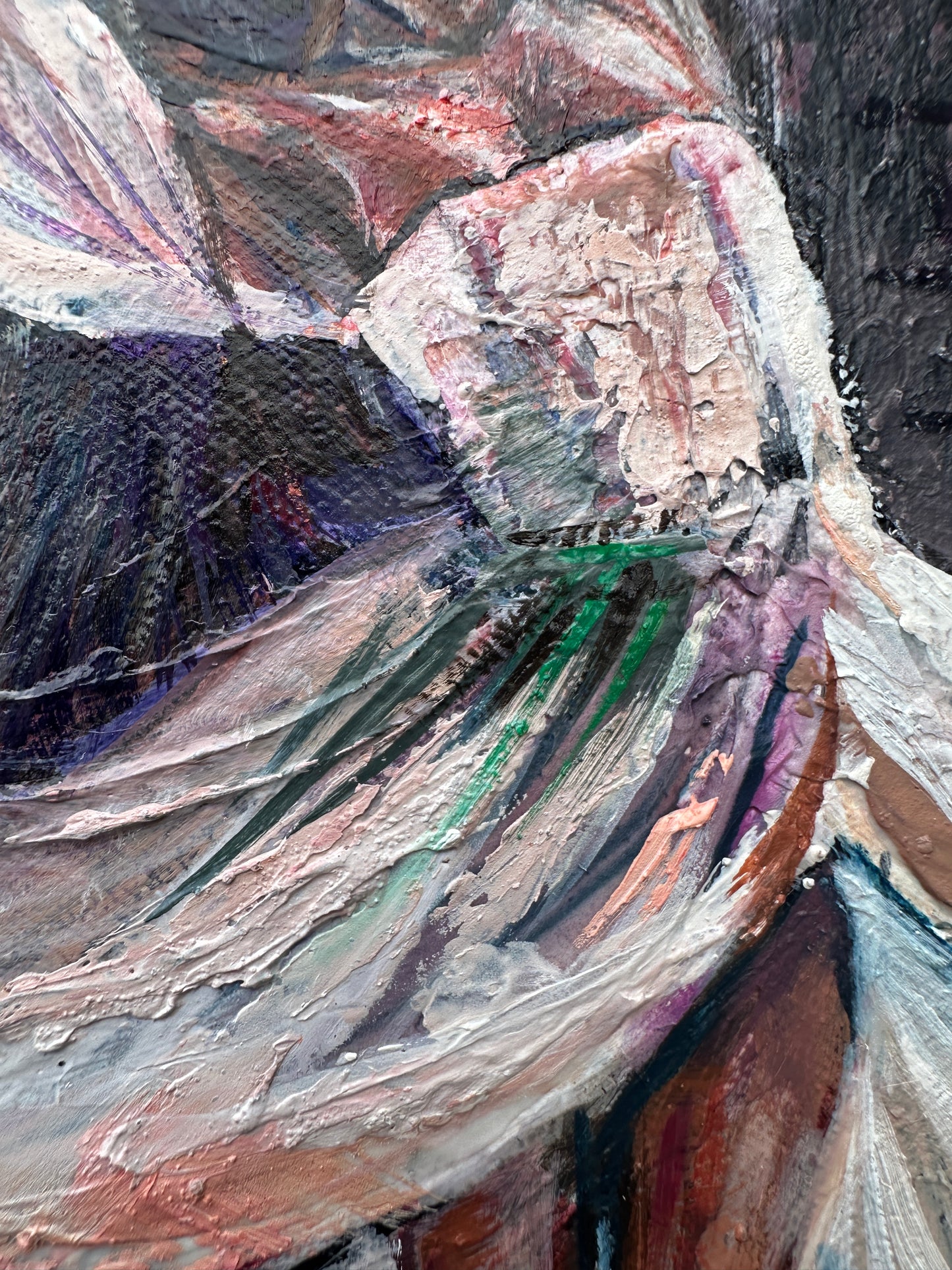 Close up of the texture of the dress of painting Surrender to Joy.
