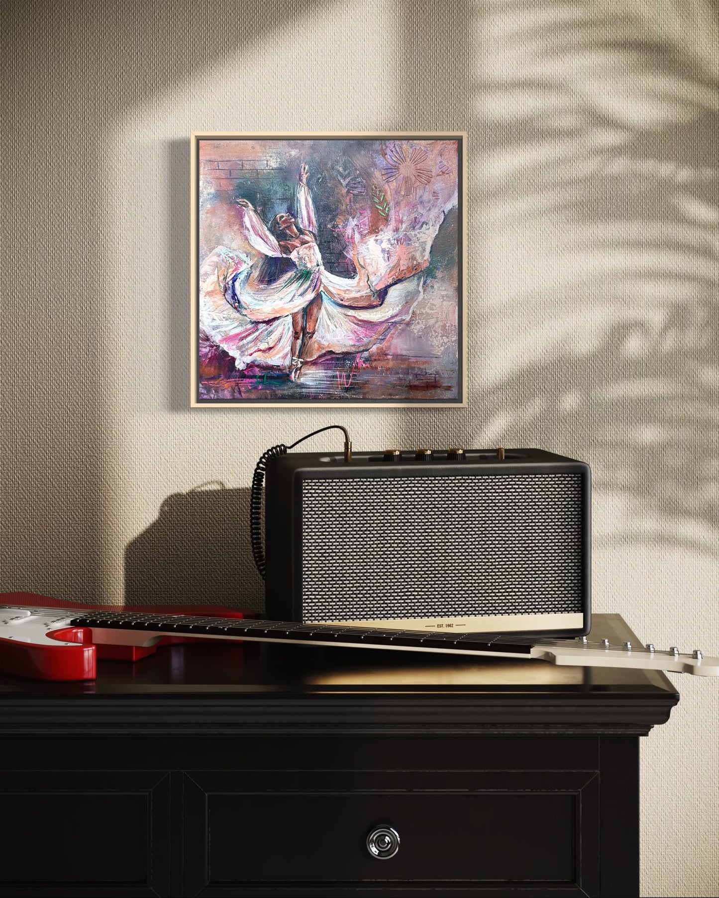 A pink and purple and blush and white colour painting of a dancer with her arms in the air and her dress flying up. The painting has lots of texture. In the picture is also a guitar and amp  on a set of drawers, with shadows all over the wall. The main focal point is the ballet dancer surrendering to joy.