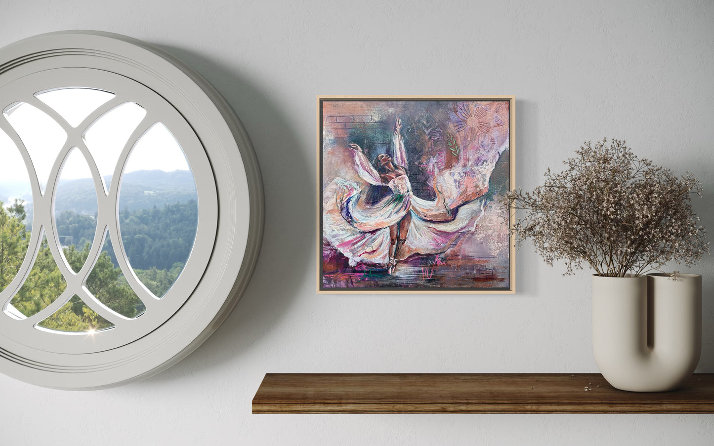 Framed abstract painting of a dancer with purple and browns and whites on a wall with a window and vase in the background.