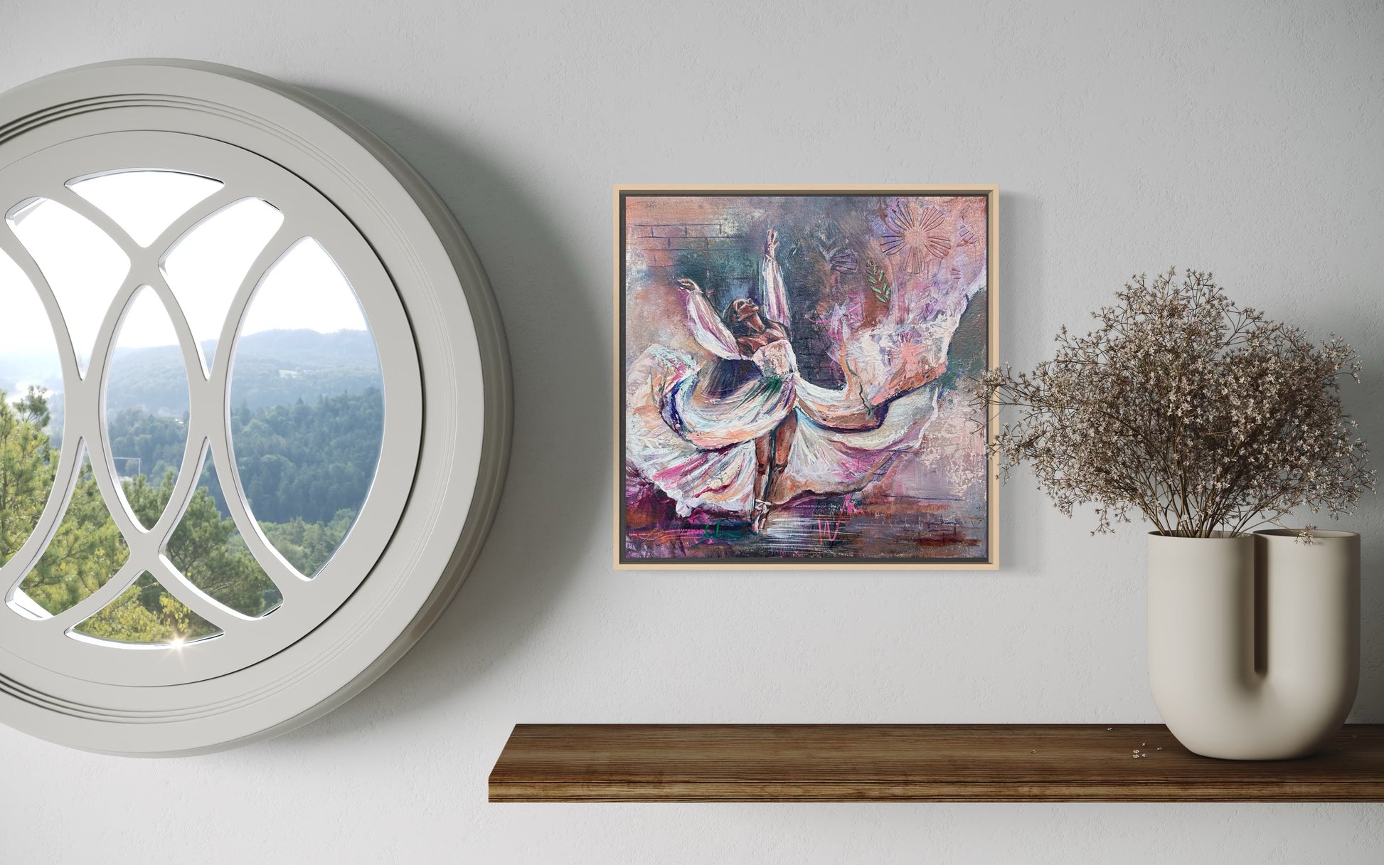 Framed abstract painting of a dancer with purple and browns and whites on a wall with a window and vase in the background.