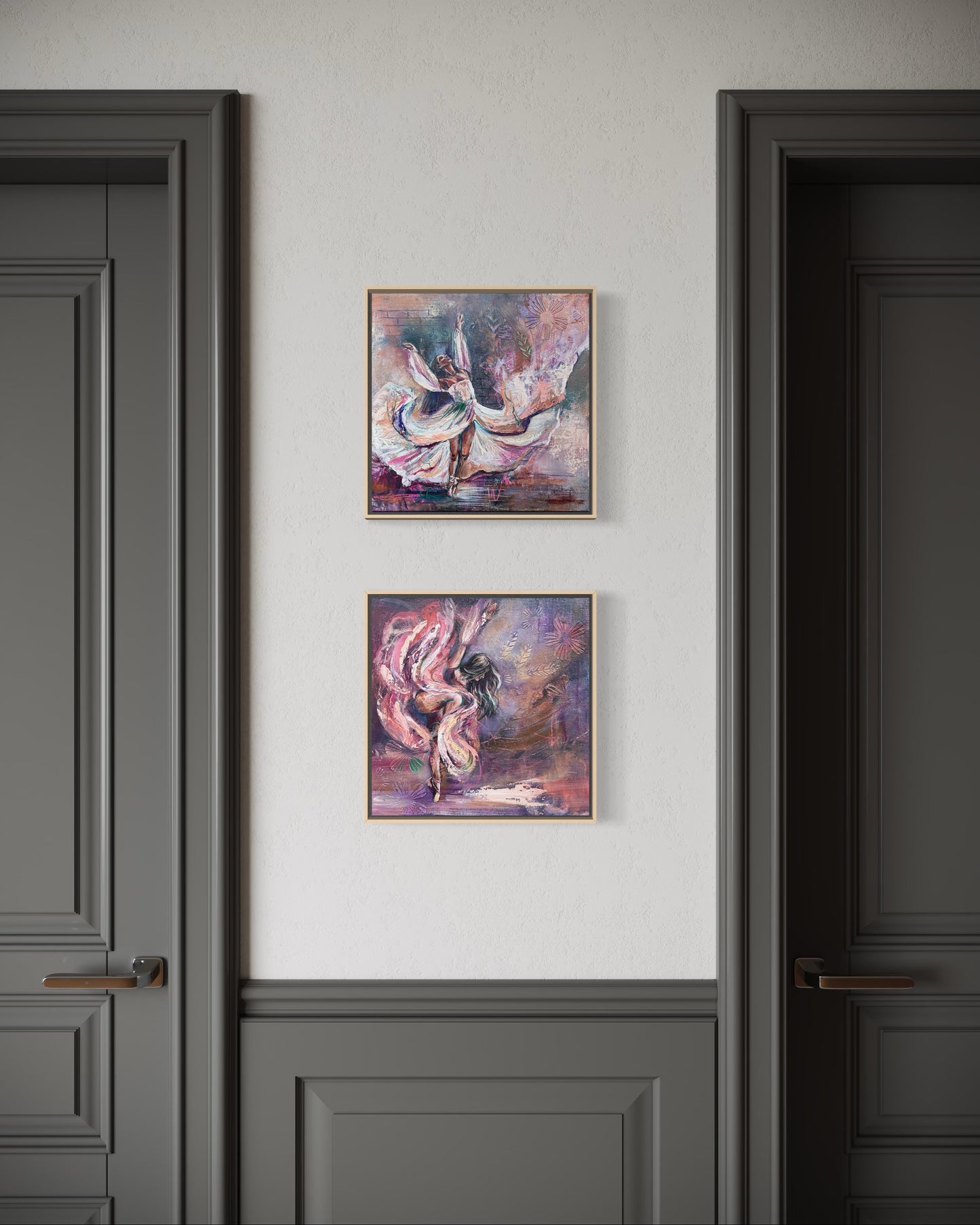 Two abstract paintings of balet dancers on a wall between two dark doors.