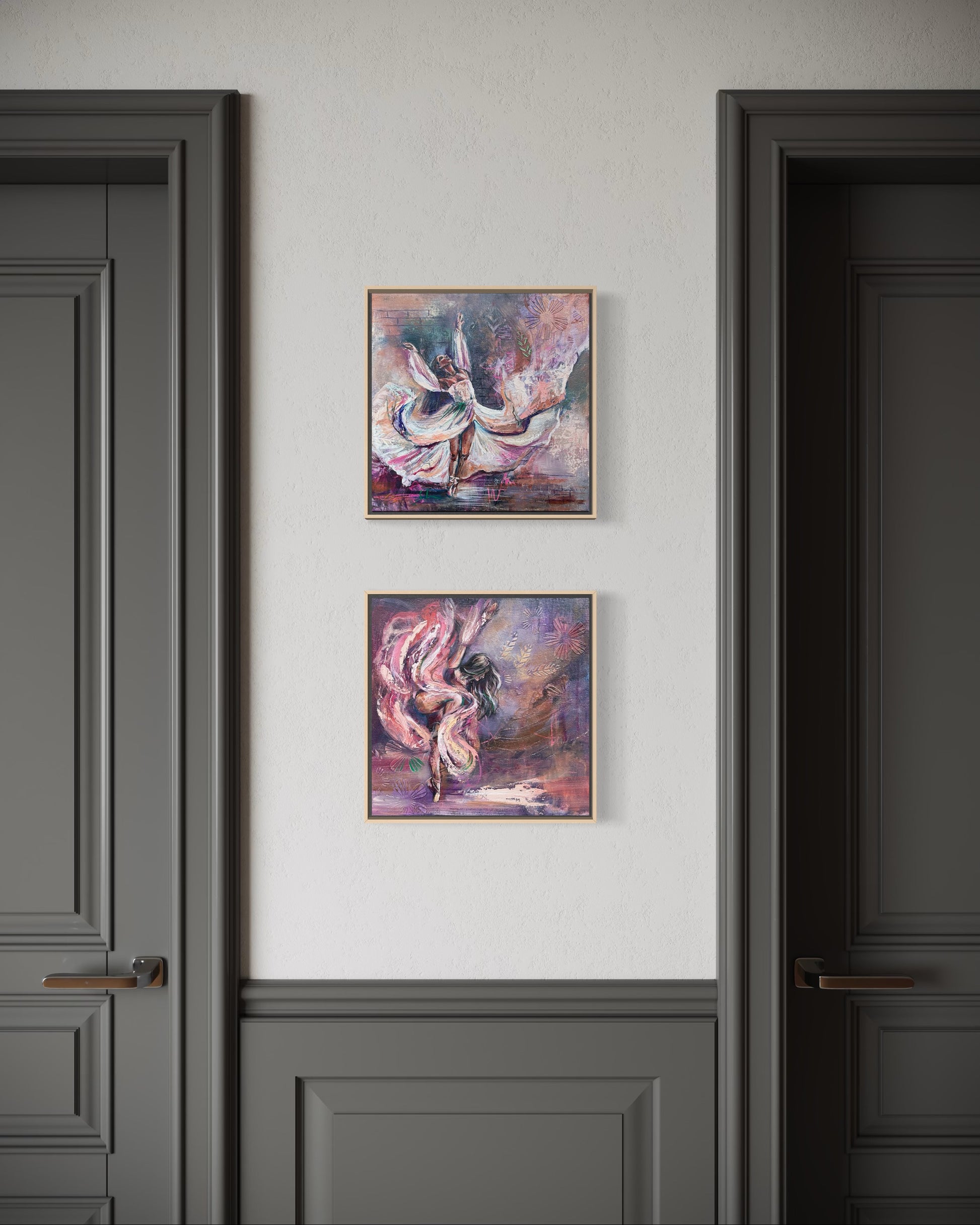 Two abstract paintings of balet dancers on a wall between two dark doors.