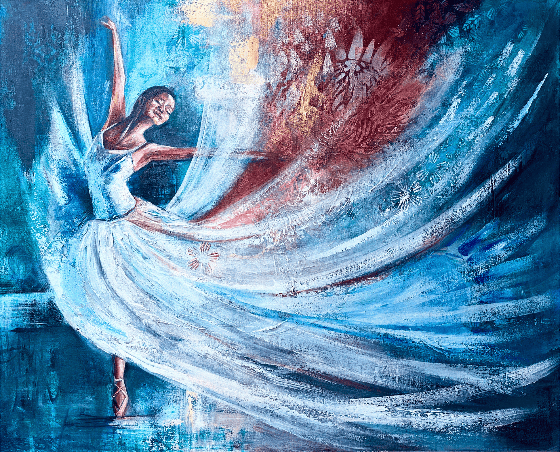Abstract painting of a dancer with flowing blue fabric