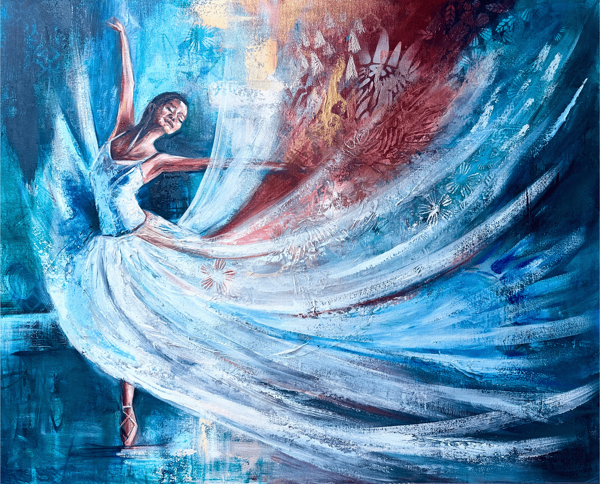 Abstract painting of a dancer with flowing blue fabric