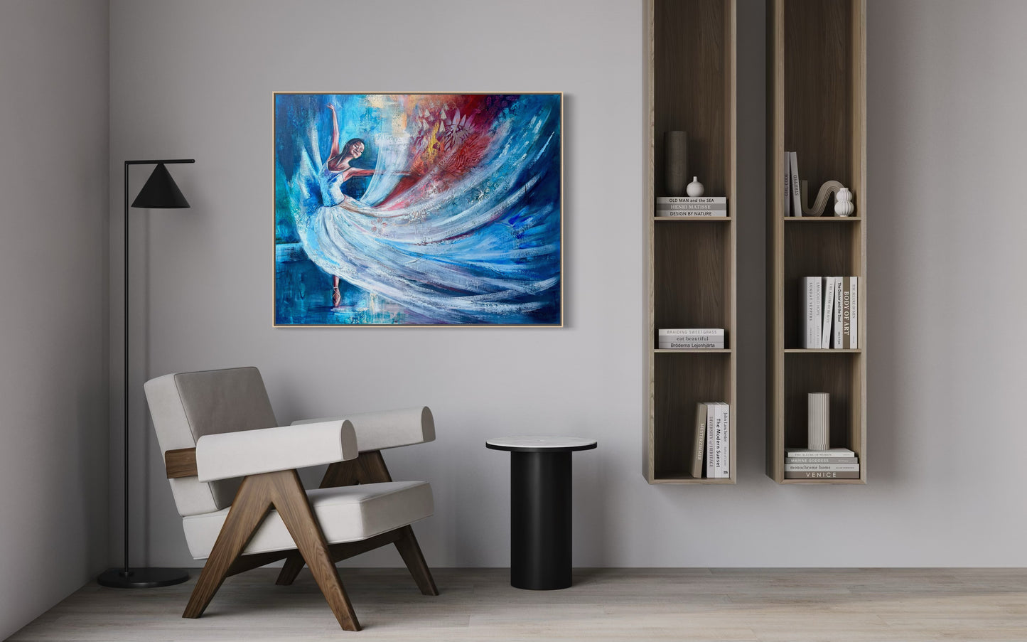 Modern interior with a colorful abstract painting on the wall, a chair, and a bookshelf.