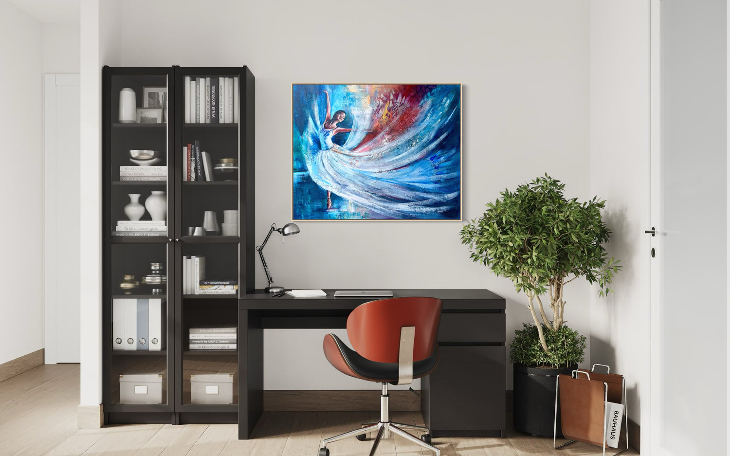 Modern office setup with a desk, chair, bookshelf, and beautiful wall art.