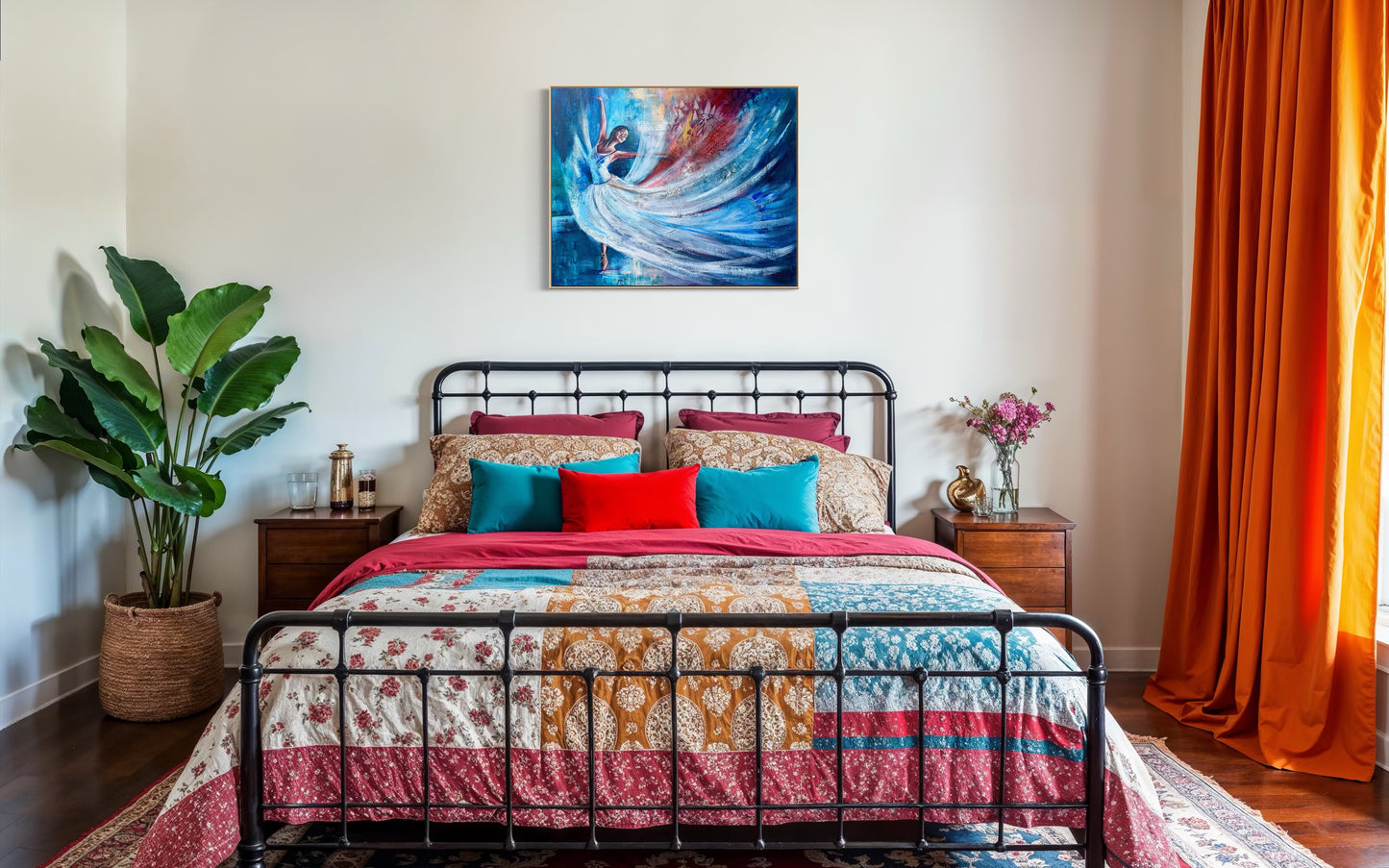Bedroom with a bed featuring colourful bedding, a plant, and a matching painting on the wall.