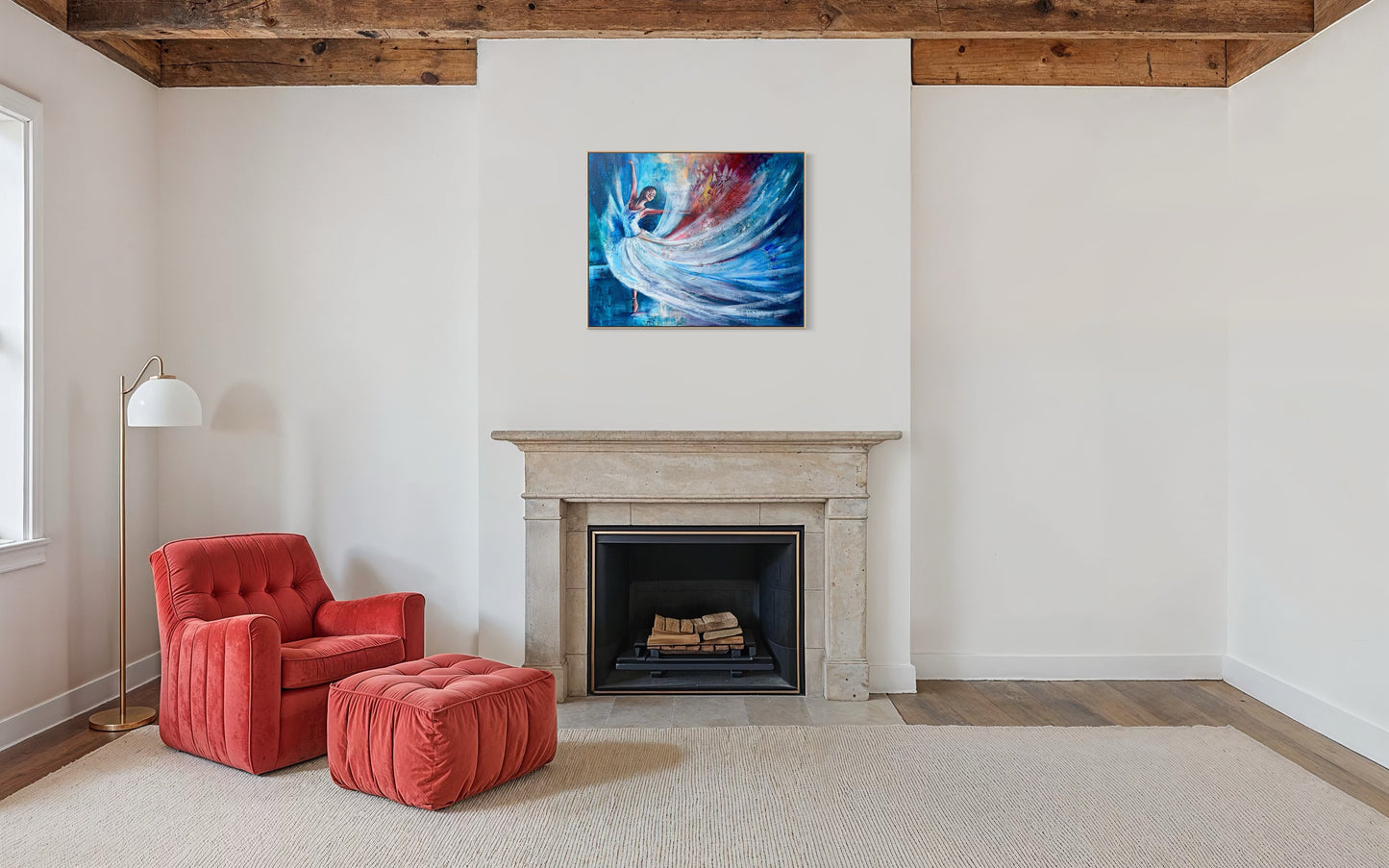 Living room with a red armchair and ottoman in front of a fireplace and an abstract dancer painting.