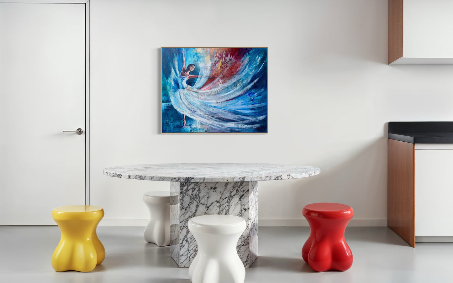 Modern interior with a marble table, colourful stools, and an abstract dancer painting on the wall.