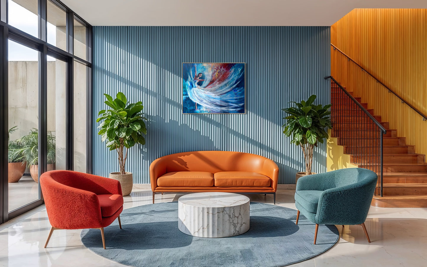 Modern living room with orange sofa, red armchair, blue chair, and an abstract dancer painting in a well-lit room with large windows.