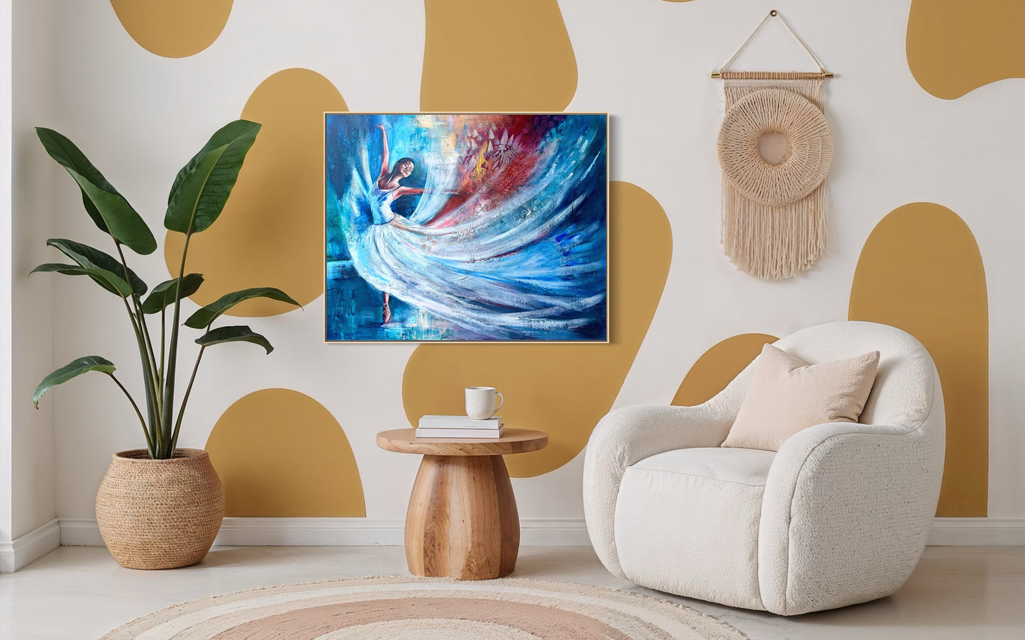 Modern living room with a TV, armchair, abstract dancer painting and other decorative elements.