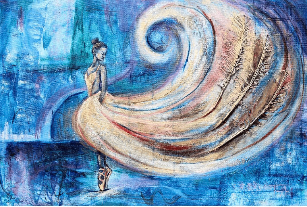 A painting titled 'Whirlwind of Elegance' featuring a ballet dancer with feather-like accessories, depicted in a swirling motion with a predominantly blue background.